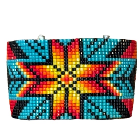 Native American Beaded Wide 1.4 inch Adjustable Cuff Bracelet w/ Diamond Motif - Picture 4 of 9